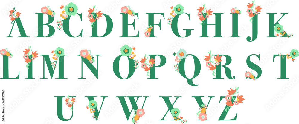 vector alphabet letters flowers, serif, pastel palette, a complete collection of letters from a to z