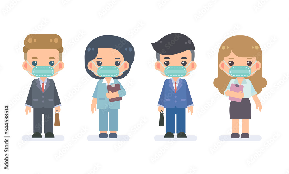Set of cute businessmen and  businesswomen wear the protective mask to protect from disease, flu and air pollution. Protect yourself from COVID-19 Coronavirus concept. Vector flat design illustration.