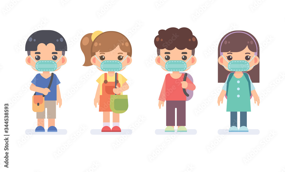 Set of cute teenage boys and girls wear the protective mask to protect from disease, flu and air pollution. Protect yourself from COVID-19 Coronavirus concept. Vector flat design illustration. Set of cute teenage boys and girls wear the protective mask to protect from disease, flu and air pollution. Protect yourself from COVID-19 Coronavirus concept. Vector flat design illustration.