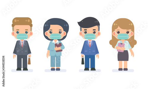 Set of cute businessmen and  businesswomen wear the protective mask to protect from disease, flu and air pollution. Protect yourself from COVID-19 Coronavirus concept. Vector flat design illustration.