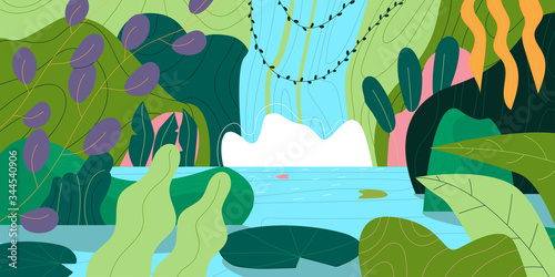 Hand-drawn beautiful tropic landscape with waterfall. Flat vector illustration.