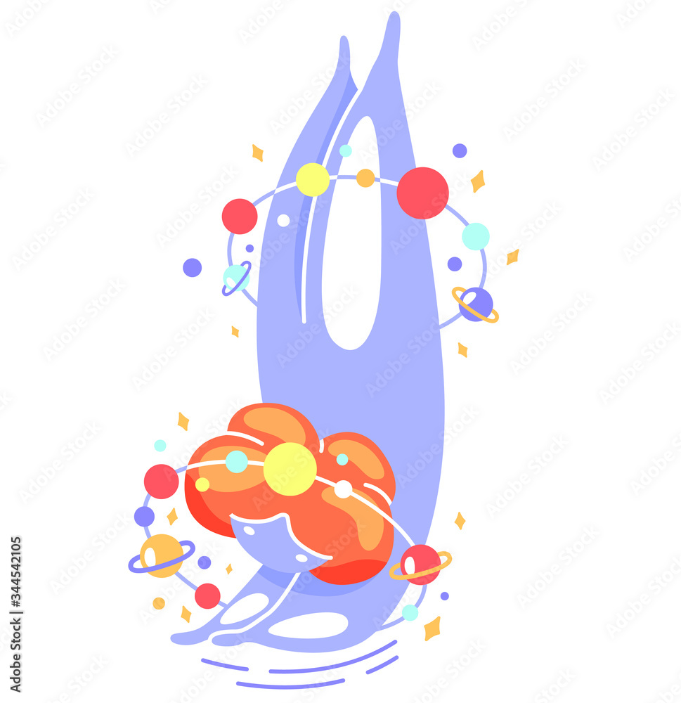 Fototapeta premium Cute vector isolated illustration fat space girl stands on hands. Yoga, balance exercise. World Yoga Day. Body positive, health care, acceptance of one’s body, self-love, development of flexibility.