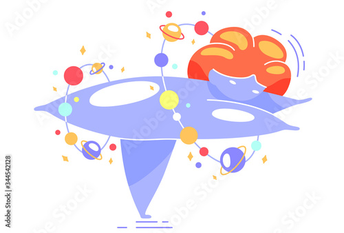 A cute vector isolated illustration of a fat space girl standing on one leg and stretching her arms forward. Yoga, the third pose of a warrior, virabhadrasana. World Yoga Day. Body positive.