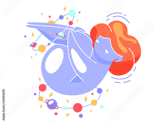 Cute vector isolated illustration space girl doing yoga. Riding on your back, clasping your legs. Exercise to relax your back. World Yoga Day. Body positive, health care, self-love, self-acceptance.