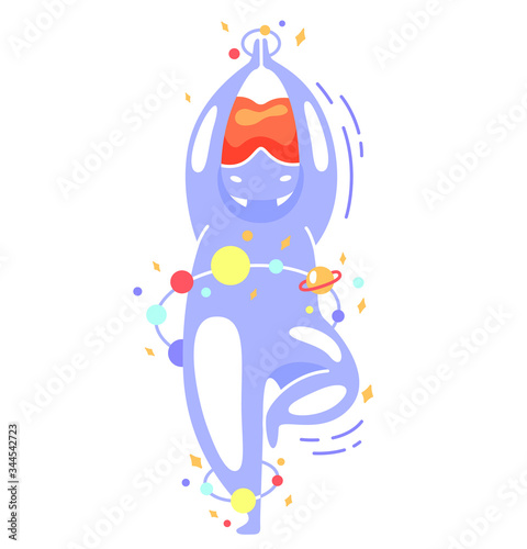 Cute vector isolated illustration of a fat space girl in a tree pose. Yoga, exercise on balance and concentration. World Yoga Day. Body positive, health care, acceptance of one’s body, self-love. 