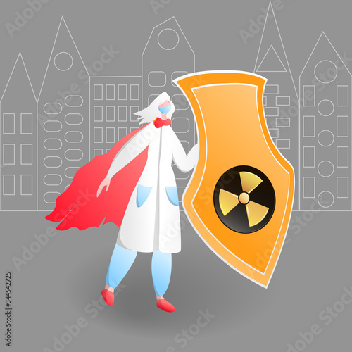 Medical doctor fight against corona virus.Character woman in uniform.Vector Illustration nowadays hero nurse.Super person red cape and face mask protect city from infection,Covid and virus outbreak