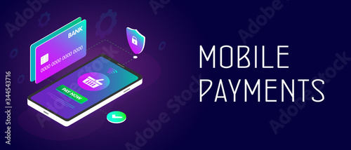 Mobile payment concept - a smartphone with attached bank cards for secure payment transaction of the order of the online store basket. NFC payment, money transferring via smartphone, online banking