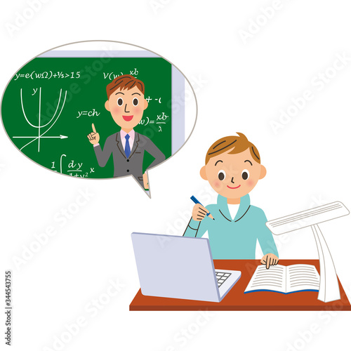 オンライン授業で数学を教える先生と男子生徒