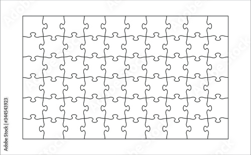 Set of fifty eight puzzle pieces. Puzzle with different types of details and the ability to move each part. Black and white vector illustration