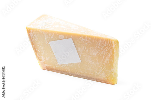 Cheese with blank label. Isolated on white photo