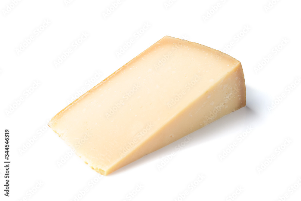 Isolated piece of parmesan cheese on the white background