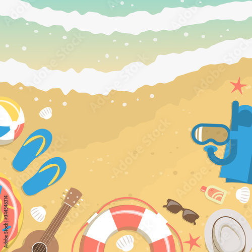 Banner of sand and sea water from top view with summer vacation elements like diving mask, flip flops, ukulele, rubber ring, sunglasses, beach ball, sunscreen lotion, hat, shells and starfishes