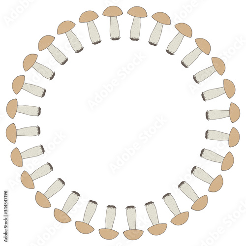 Round frame with great forest mushrooms on white background. Vector image.