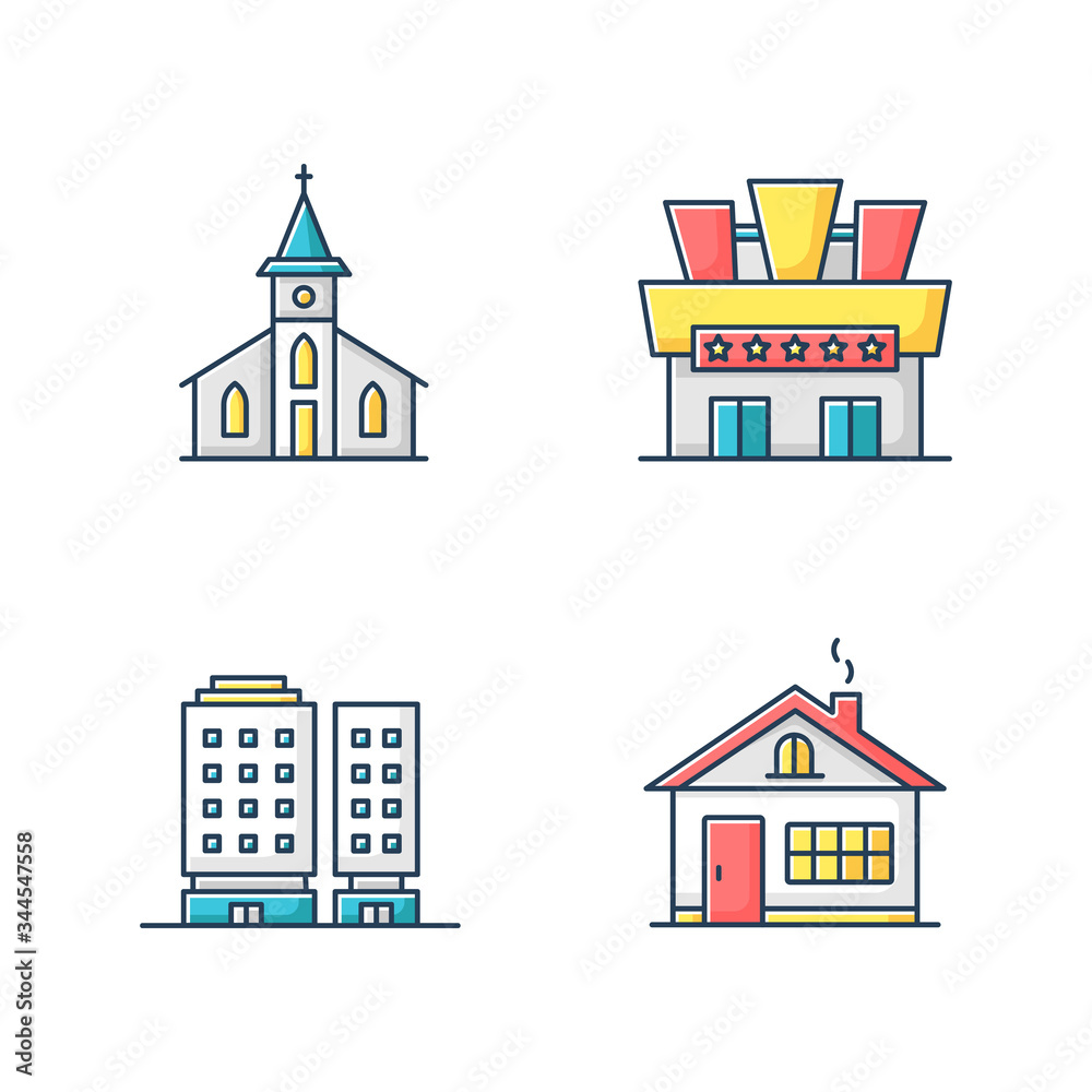Urban buildings RGB color icons set. Town church front. Cinema theater entrance. Multiapartment complex of high rise skyscrapers. Residential house exterior. Isolated vector illustrations