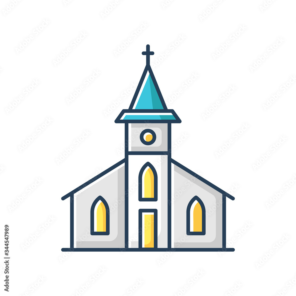 Catholic church RGB color icon. Religious establishment facade with cross on roof. Christian town chapel entrance. Gospel for congregation. Historical construction. Isolated vector illustration