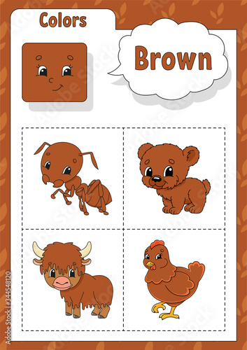 Learning colors. Brown color. Flashcard for kids. Cute cartoon characters. Picture set for preschoolers. Education worksheet. Vector illustration.