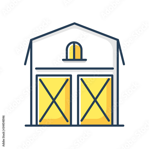 Barn RGB color icon. Farming storage construction facade. Grain warehouse exterior. Agriculture house entrance. Wooden stockroom for harvest in village. Isolated vector illustration