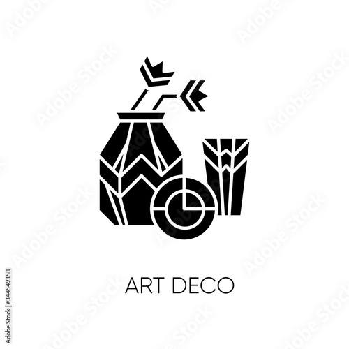 Art deco style black glyph icon. French cultural movement. Visual decorative art style. Still life painting. 20th century artwork. Silhouette symbol on white space. Vector isolated illustration