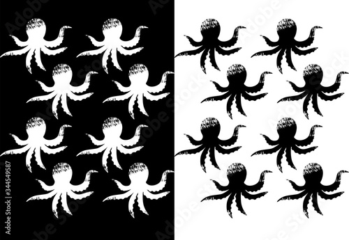 Octopus pattern repeat in black and white color. Silhouette Vector illustration. Sea Ocean Wallpaper © tata_art