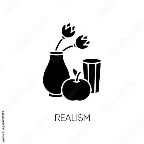 Realism black glyph icon. Fine art movement. Naturalism style. Vase with flowers and fruit. Still life, visual art. Silhouette symbol on white space. Vector isolated illustration
