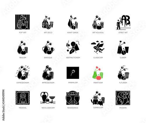 Art movements black glyph icons set on white space. Still life artwork in medieval, modern styles. Impressionism, expressionism and realism painting. Silhouette symbols. Vector isolated illustration
