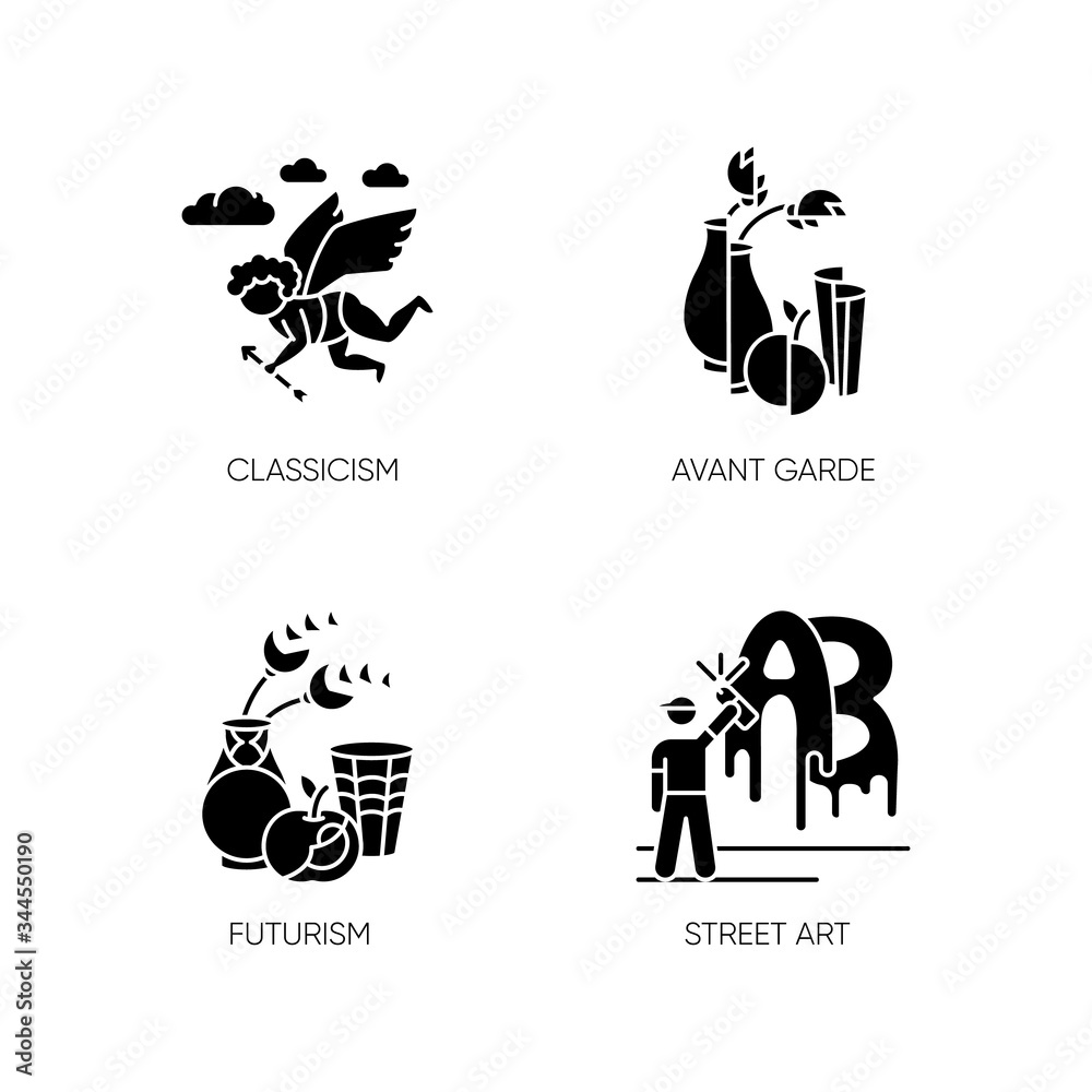 Art movements black glyph icons set on white space. Avant garde and classicism cultural periods. Street art. Futurism style still life painting. Silhouette symbols. Vector isolated illustration