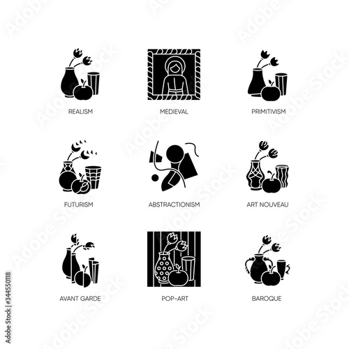 Cultural movements black glyph icons set on white space. Futurism, abstractionism, art nouveau art styles. Avant garde, realism painting. Silhouette symbols. Vector isolated illustration