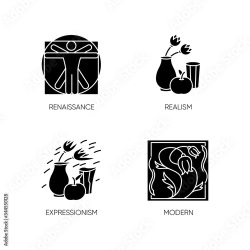 Cultural movements black glyph icons set on white space. Renaissance and modern European art styles. Realism and expressionism paintings. Silhouette symbols. Vector isolated illustration