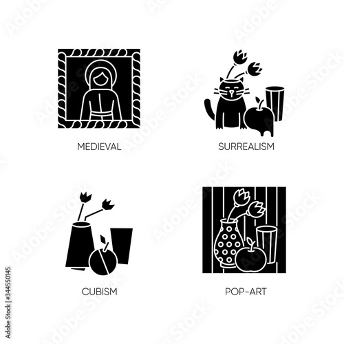 Art movements black glyph icons set on white space. Surrealism and cubism styles. Medieval portrait and pop art still life paintings. Silhouette symbols. Vector isolated illustration