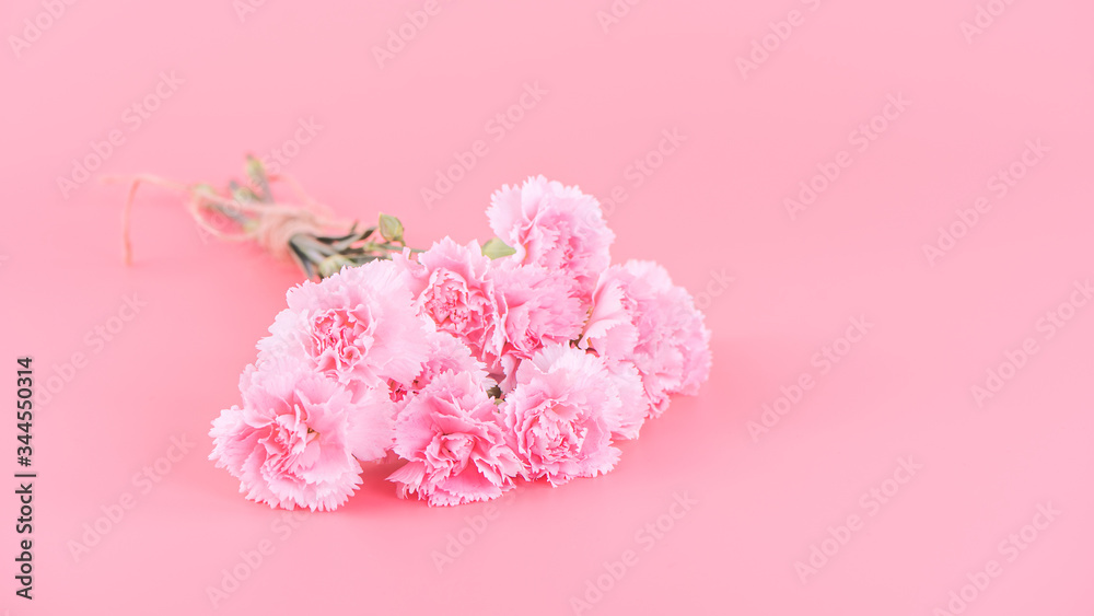 Mother's Day holiday gift design concept, pink carnation flower bouquet with greeting card, isolated on light pink background, copy space.