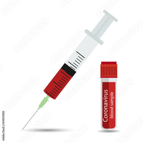medical syringe for injection and test tube with blood on a white background