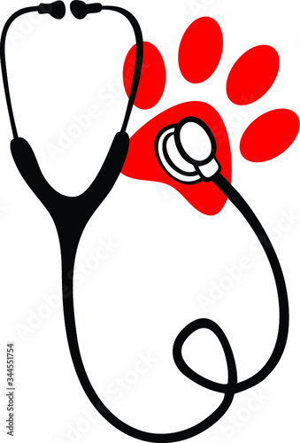 Stethoscope Black and Cartoon Vector Illustration over Red Paw Print, Transparent Isolated
