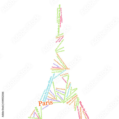 Word cloud shaped Eiffel Tower with keywords of the main attractions of Paris