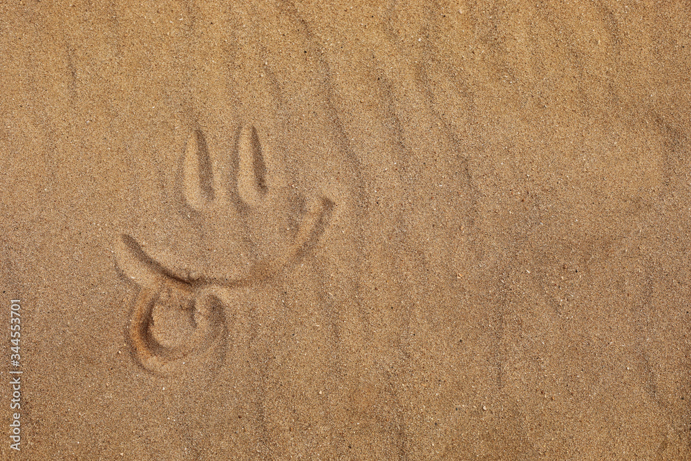 Smiley made by finger on sandy beach - tongue out. selective focus Smiley made by finger on sandy beach - tongue out. selective focus