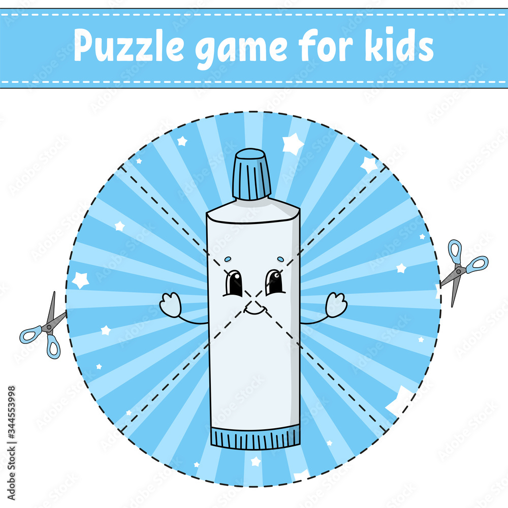 Vecteur Stock Cut and play. Round puzzle. Tube of toothpaste. Logic puzzle  for kids. Activity page. Cutting practice for preschool. Cartoon character.  | Adobe Stock