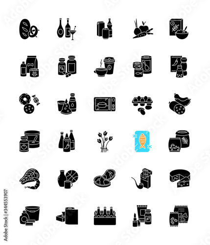 Groceries category black glyph icons set on white space. Various supermarket food sections. Drink products for ecommerce and retail. Store supplies. Silhouette symbols. Vector isolated illustration