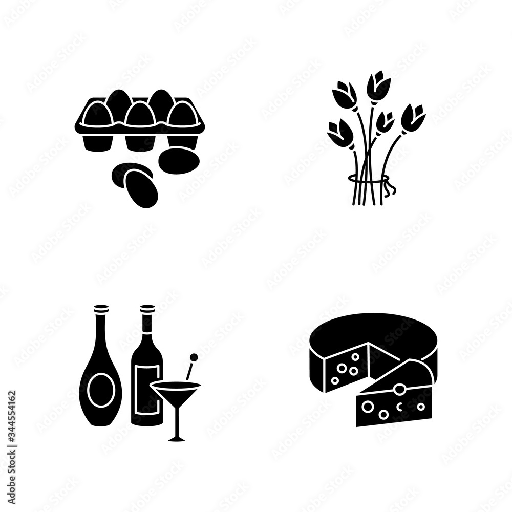 Retail products black glyph icons set on white space. Fresh chicken eggs in tray. Flower bouquet. Alcoholic beverages. Cheese wheel with slice. Silhouette symbols. Vector isolated illustration