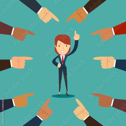 Illustration of businesswoman with fingers pointing at her. Vector flat design illustration.