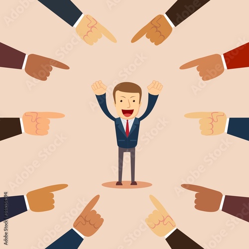 Concept of accusation. Sad man with questions looking down with many fingers pointing at him. Vector flat design illustration.