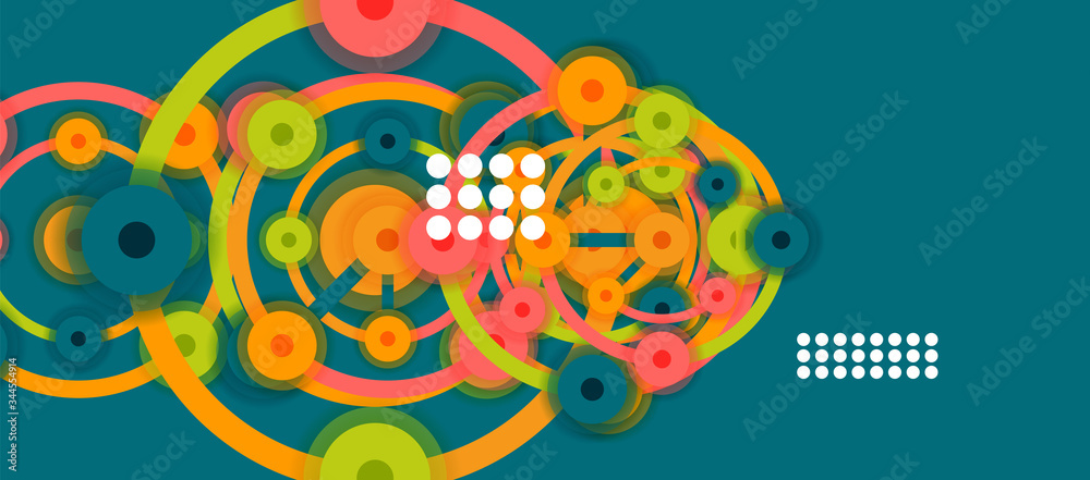 Flat style geometric abstract background, round dots or circle connections on color background. Technology network concept.