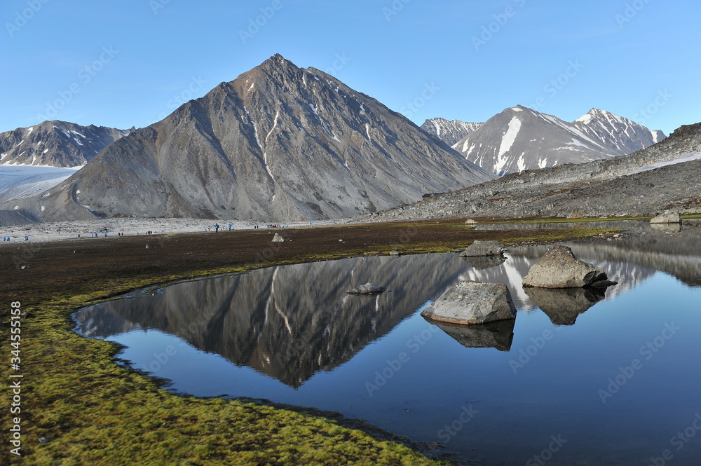 Reflection of the Svalbard mountains in the lake.