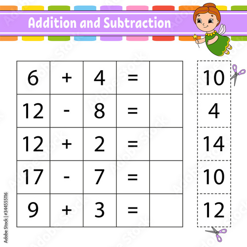 Addition and subtraction. Task for kids. Cut and paste. Education developing worksheet. Activity page. Game for children. Funny character. Isolated vector illustration. Cartoon style.