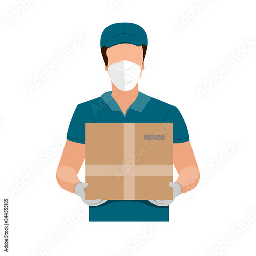 Delivery of goods during the prevention of coronovirus, Covid-19. Courier in a face mask with a box in his hands. Vector flat illustration