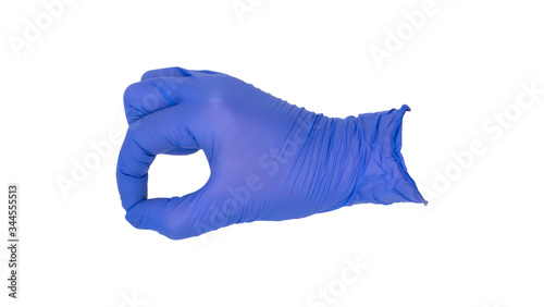 Hand wearing blue nitrile examination glove makes a forceps gesture.  Nonverbal hand signal for dermatological surgery