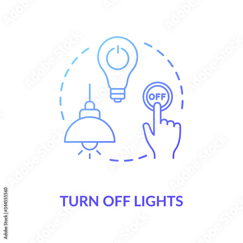 Turn off light blue concept icon. Hand pressing lamp switch. Preserving energy usage. Electricity consumption. Resource saving idea thin line illustration. Vector isolated outline RGB color drawing