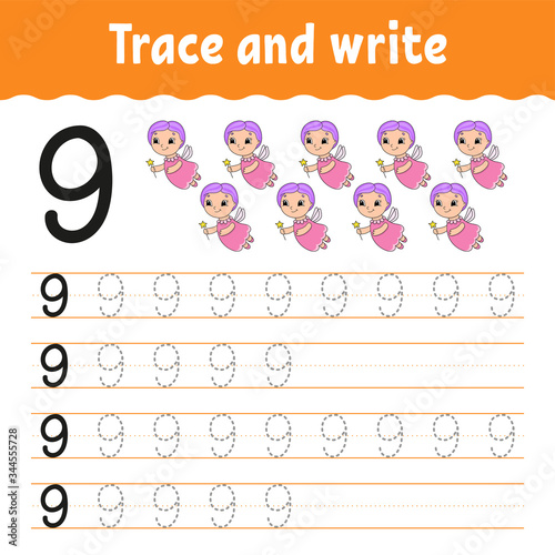 Trace and write. Number 9. Handwriting practice. Learning numbers for kids. Activity worksheet. Cartoon character.