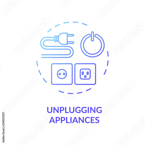 Unplugging appliance blue concept icon. Cable and outlet safety. Domestic electricity consumption. Home resource saving idea thin line illustration. Vector isolated outline RGB color drawing