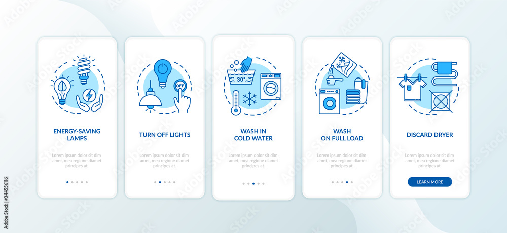 Energy saving tips onboarding mobile app page screen with concepts. Using less water and electricity walkthrough five steps graphic instructions. UI vector template with RGB color illustrations