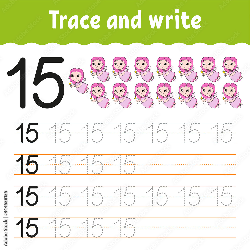 Obraz premium Trace and write. Number 15. Handwriting practice. Learning numbers for kids. Activity worksheet. Cartoon character.