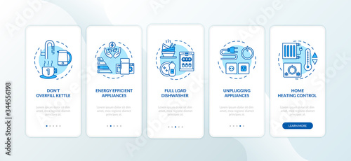 Energy saving advice mobile app page screen with concepts. Resource efficiency, money economy walkthrough five steps graphic instructions. UI vector template with RGB color illustrations